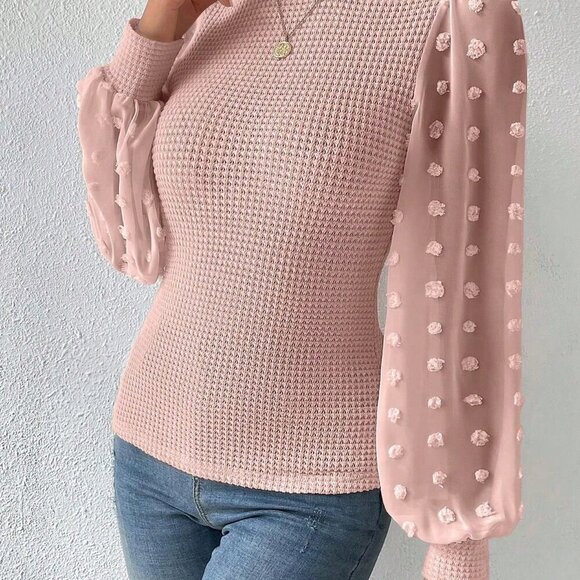 Pink Elegant Women's Stand Collar Mesh Contrast Long Sleeve Blouse - Picture 6 of 6